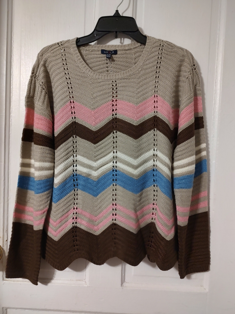 UK2LA Chevron Stripe Crewneck Sweater in Beige, Pink & Blue